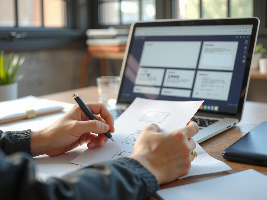 Designer's workspace with sketches and laptop.