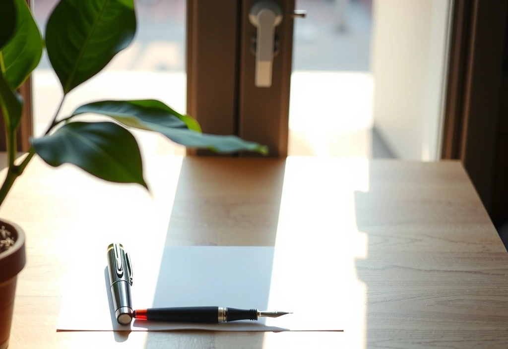 A minimalist desk setup with a document and pen