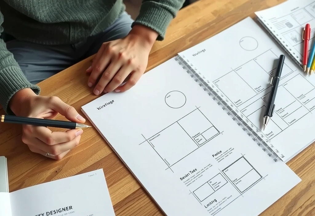 Designer's desk with wireframes and planning materials